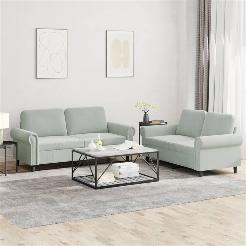 Bowery Hill Contemporary 2 Piece Sofa Set in Light Gray Velvet
