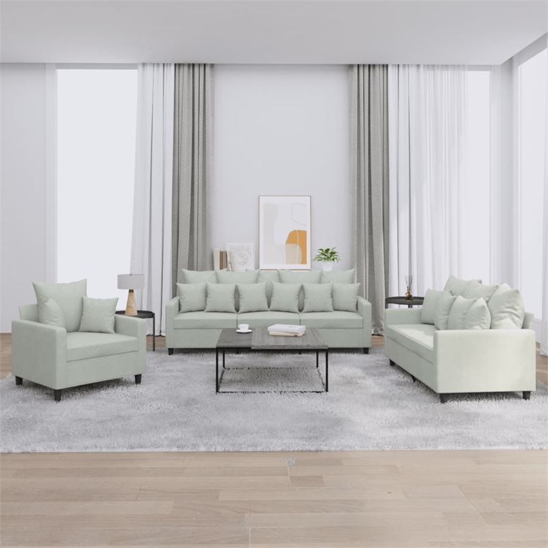 Bowery Hill Contemporary 3Piece Sofa Set in Light Gray Velvet