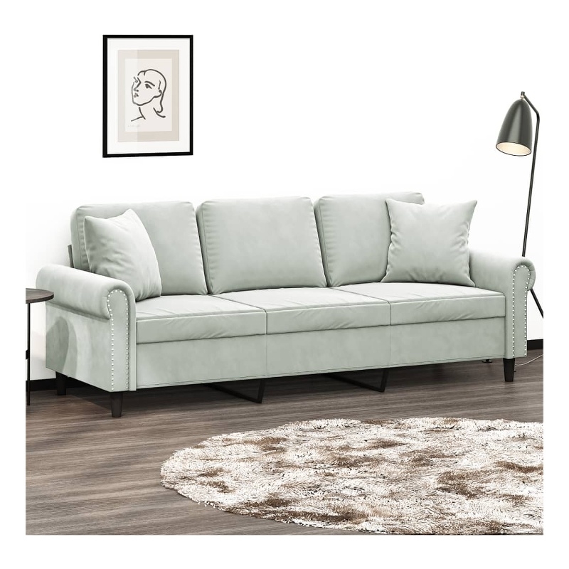 Bowery Hill Metal 3-Seater Sofa in Light Grey Polyester Velvet