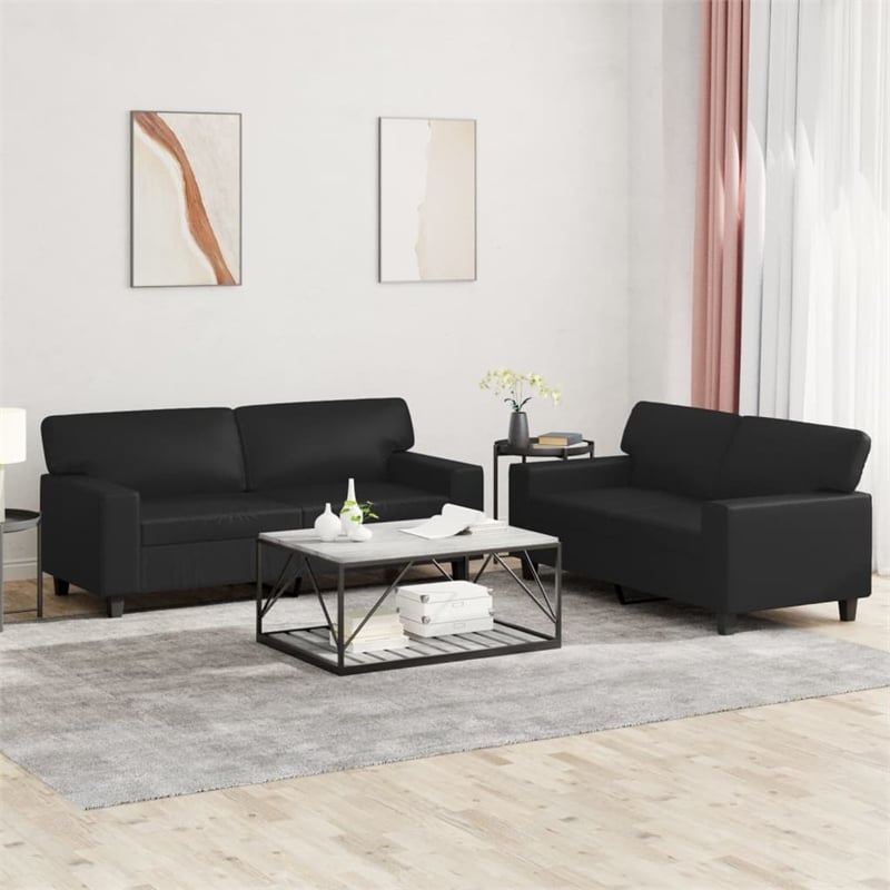 Bowery Hill Contemporary Metal 2-Seater Sofa Set in Black Faux Leather