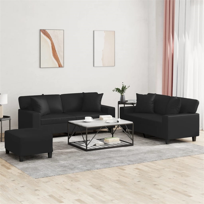 Bowery Hill Contemporary Faux Leather Sofa Set in Black Finish