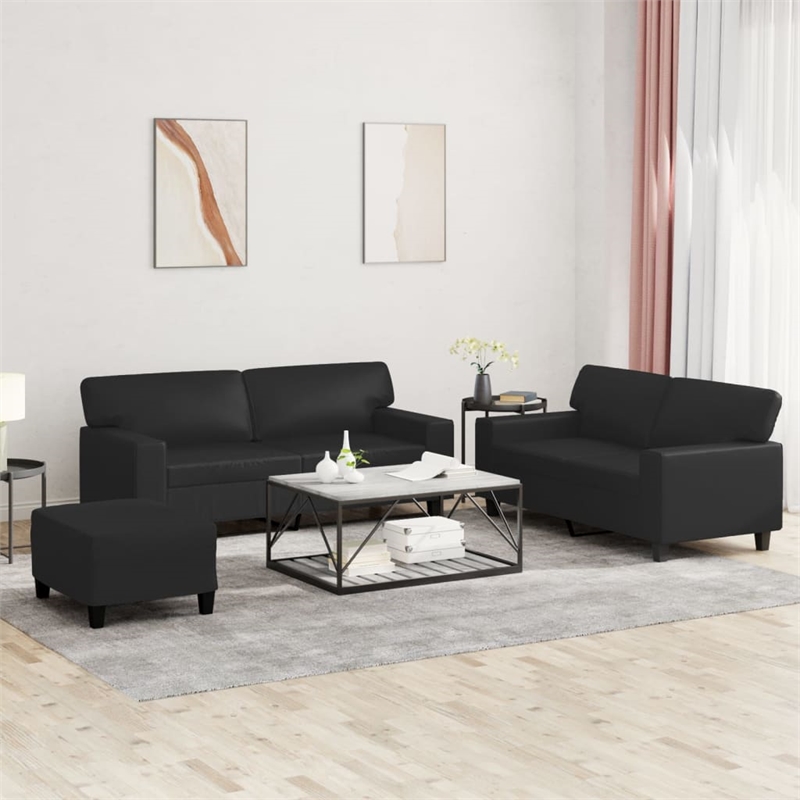 Bowery Hill 2-Seater Rectangular Sofa Set in Black Faux Leather