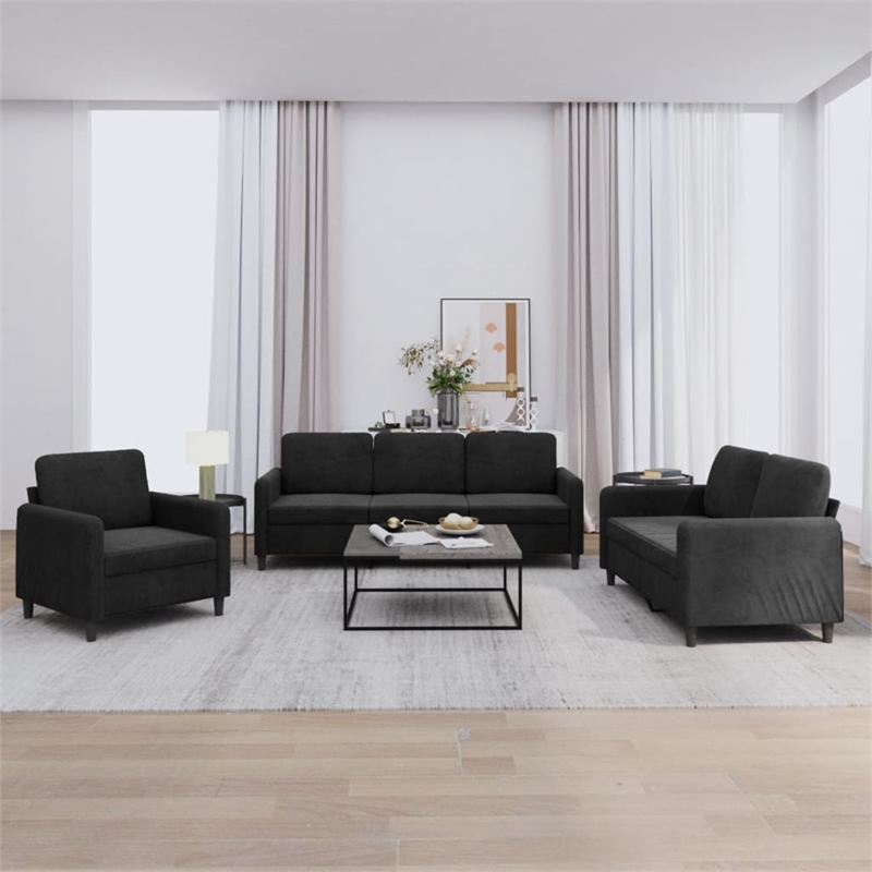 Bowery Hill Contemporary Sofa Set in Black Polyester Velvet Metal