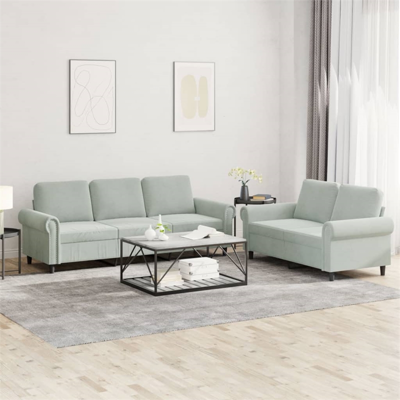 Bowery Hill Contemporary 2 Piece Sofa Set in Light Gray Velvet