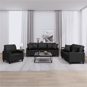 Bowery Hill Contemporary 3 Piece Sofa Set in Black Faux Leather