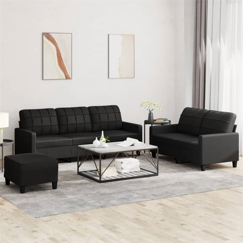 Bowery Hill Rectangular Large Sofa Set in Black Faux Leather