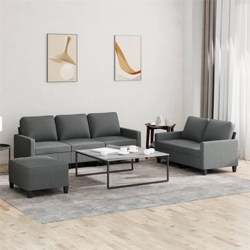 Bowery Hill 3 Piece Sofa Set with Cushions in Dark Gray Fabric