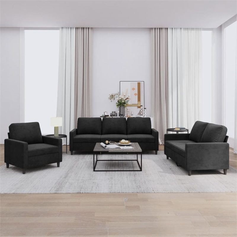 Bowery Hill Contemporary Metal Sofa Set in Black Polyester Velvet