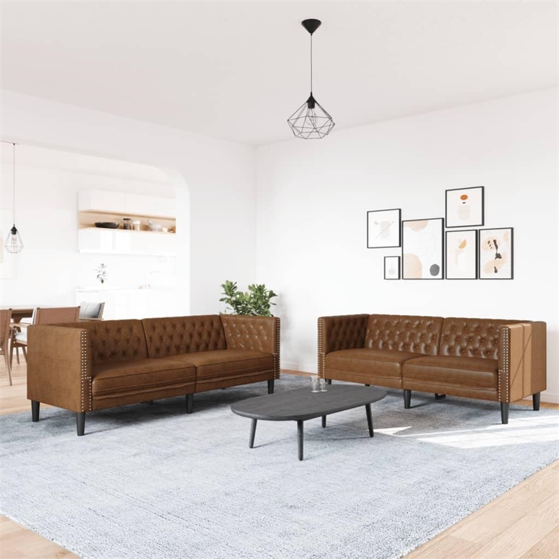 Bowery Hill Contemporary Polyester Chesterfield Sofa Set in Brown