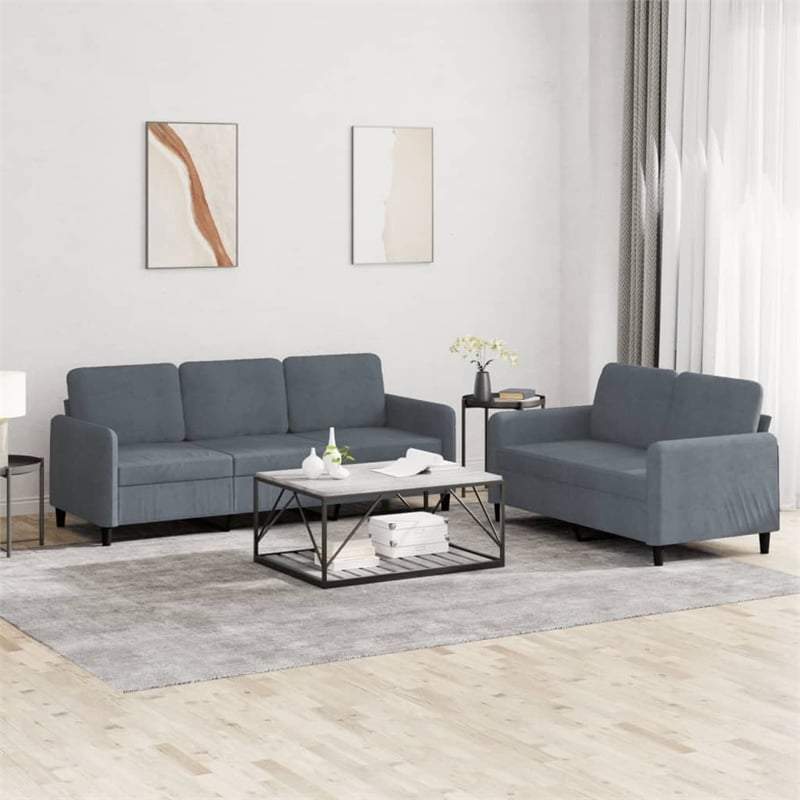 Bowery Hill Contemporary Metal Sofa Set in Dark Grey Polyester Velvet