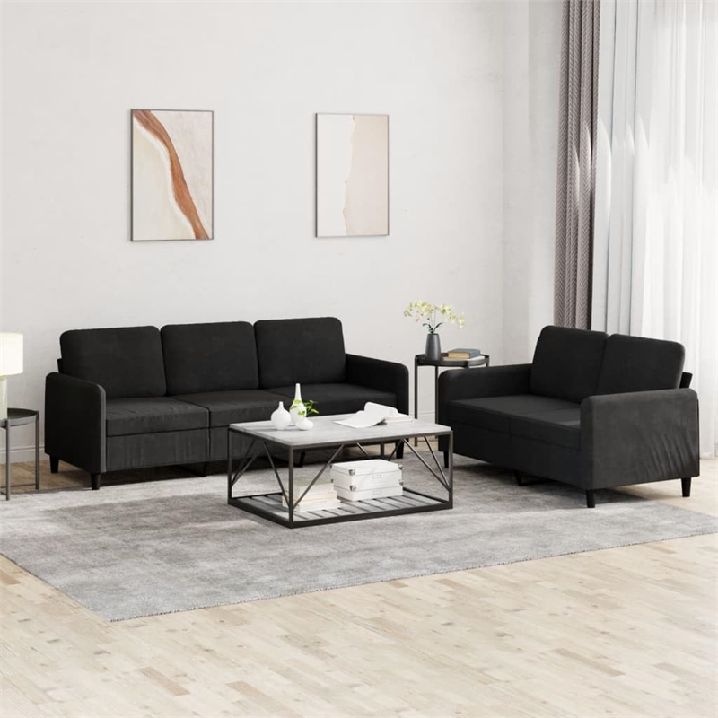 Bowery Hill Contemporary Metal Sofa Set in Black Polyester Velvet