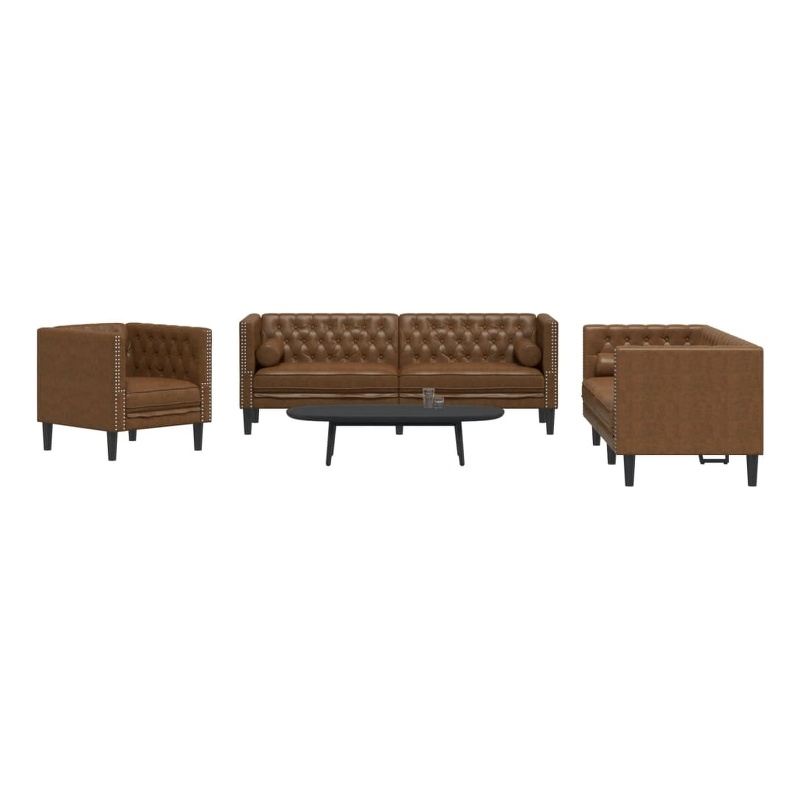 Bowery Hill Contemporary Polyester Chesterfield Sofa Set in Brown