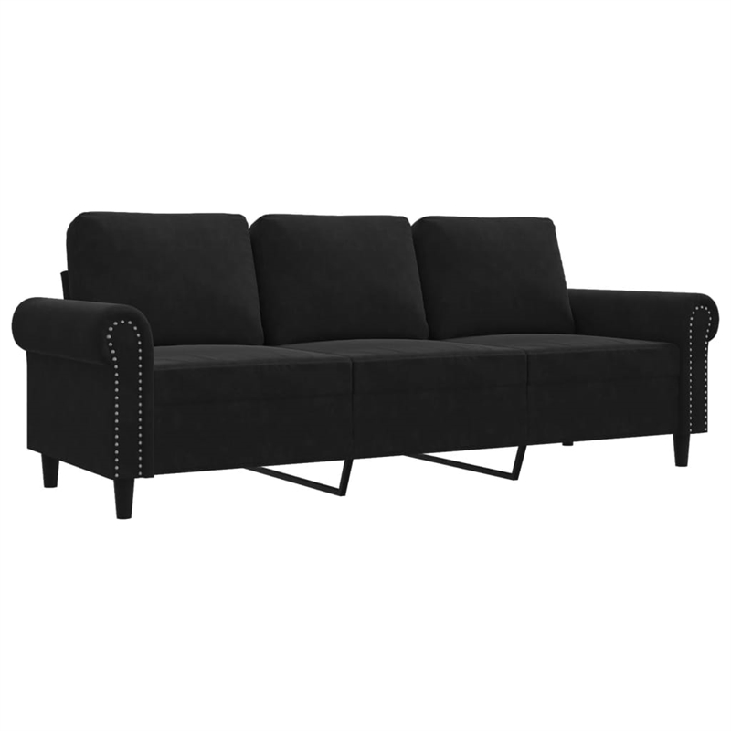 Bowery Hill Contemporary Rectangular 3-Seater Sofa in Black Velvet