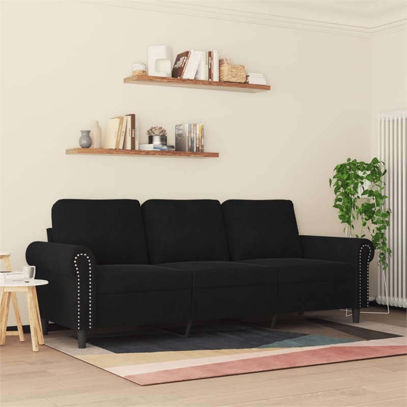 Bowery Hill Contemporary Rectangular 3-Seater Sofa in Black Velvet