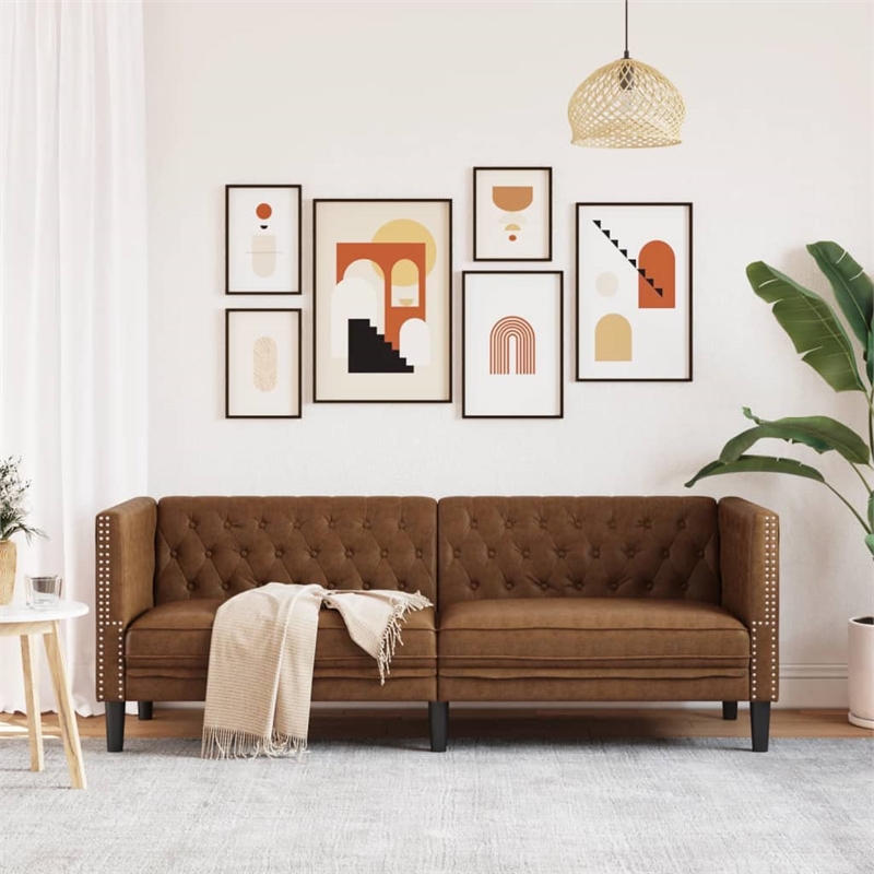Bowery Hill Contemporary Polyester Chesterfield Sofa in Brown