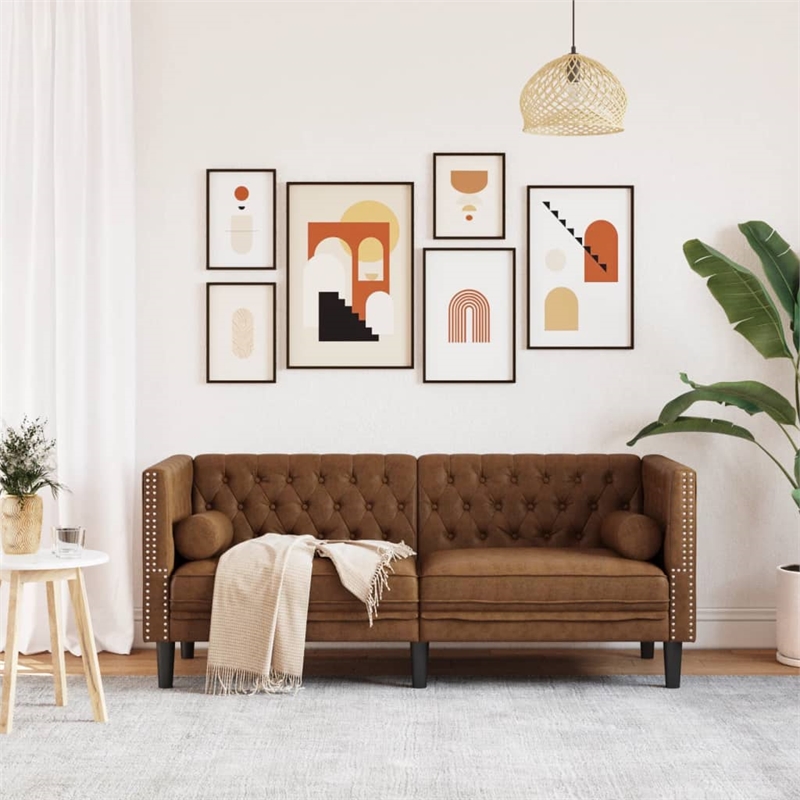 Bowery Hill Contemporary Polyester Chesterfield Sofa in Brown