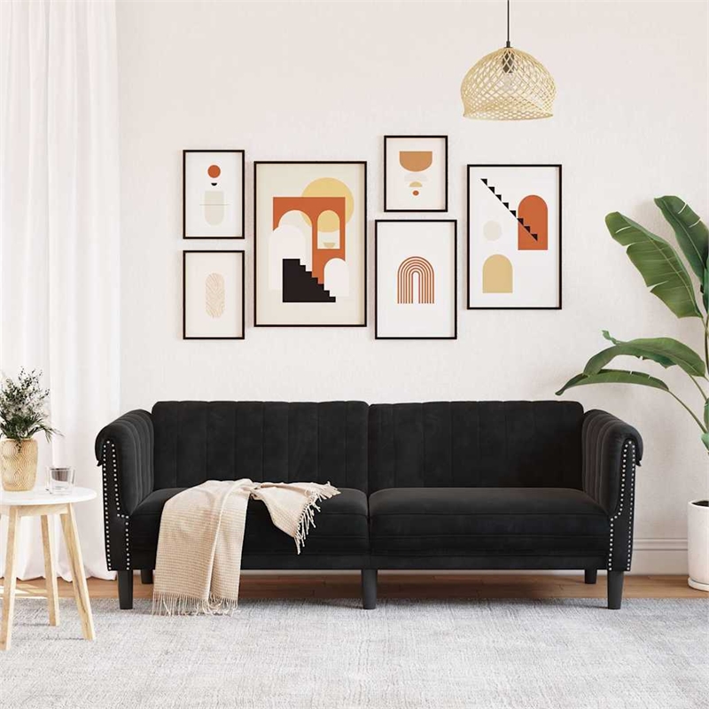Bowery Hill Rectangular 3-Seater Stylish Sofa in Black Velvet