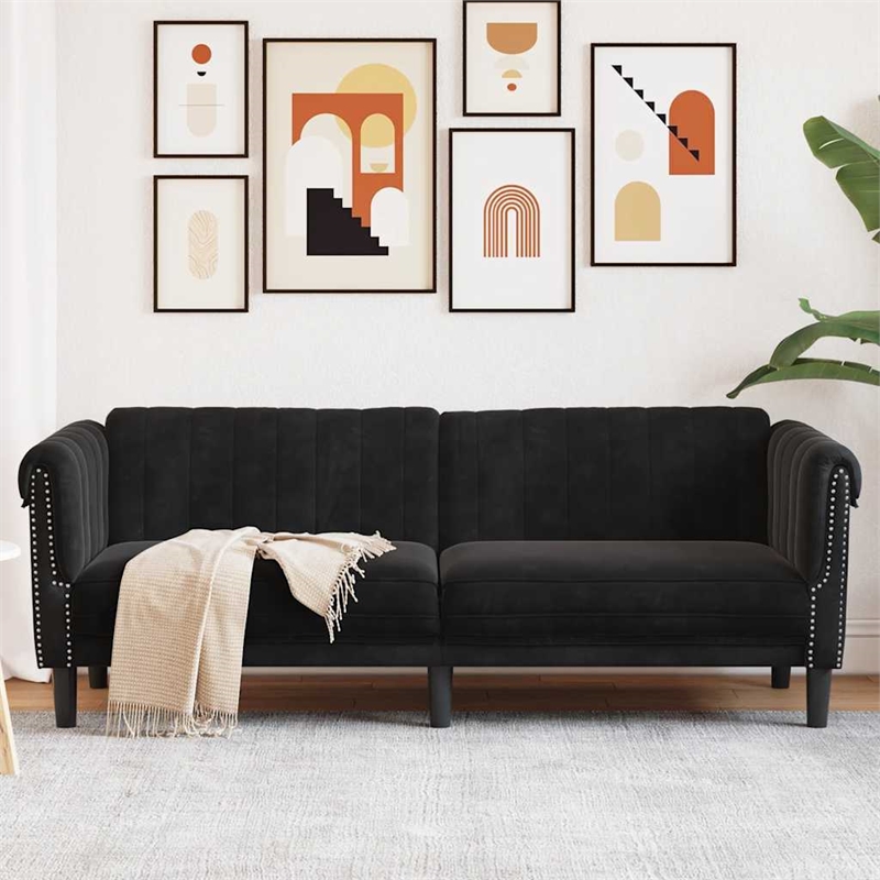 Bowery Hill Rectangular 3-Seater Stylish Sofa in Black Velvet