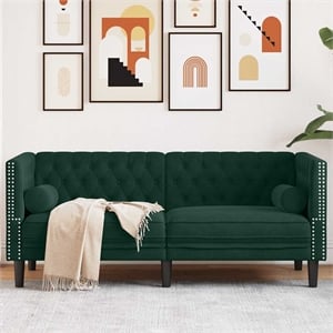 Bowery Hill Contemporary Velvet Chesterfield Sofa in Dark Green