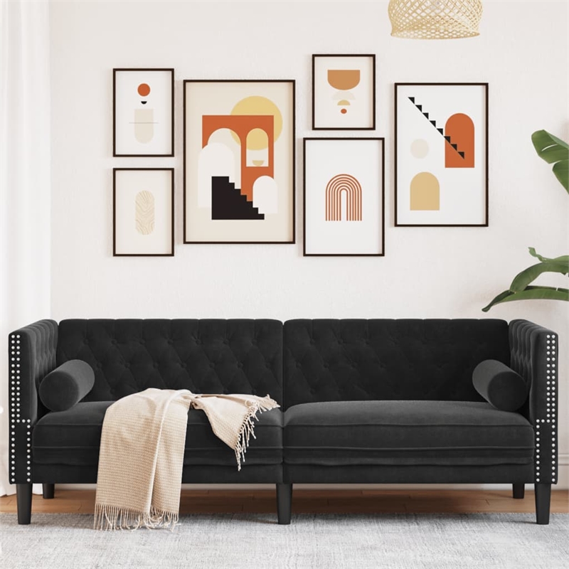Bowery Hill Contemporary 3-Seater Chesterfield Sofa in Black Velvet