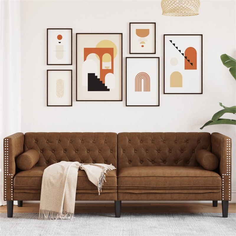 Bowery Hill Contemporary Polyester Chesterfield Sofa in Brown