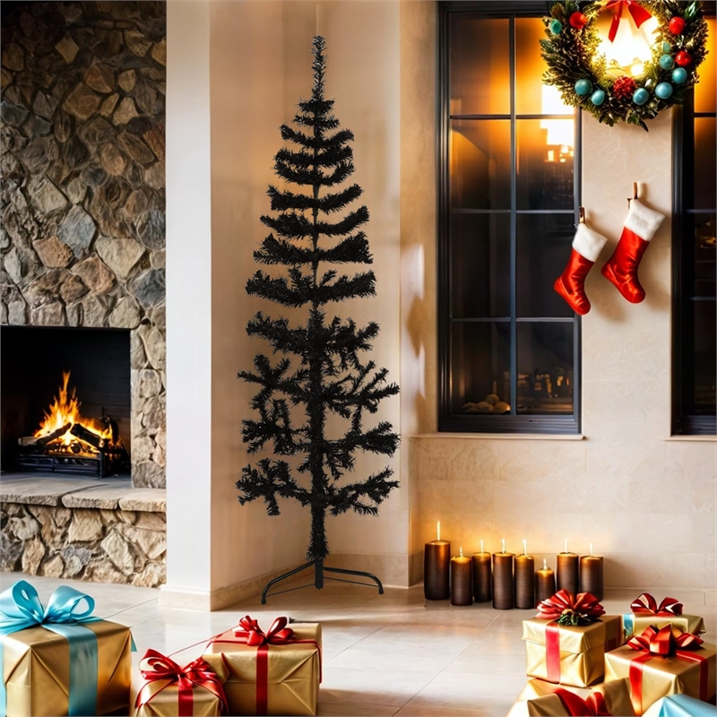 Bowery Hill Artificial Half Christmas Tree Black PVC Slim Decorative Inlays