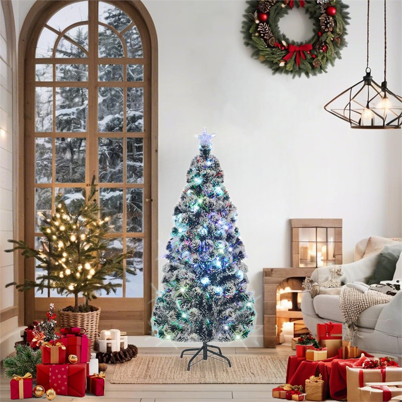 Bowery Hill Christmas Tree Green and White Fiber optic Steel PVC 5 ft