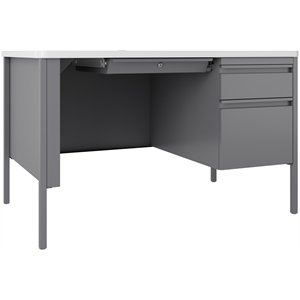 Bowery Hill 30x48 Right Hand Single Pedestal Metal Desk with T Top Silver/White