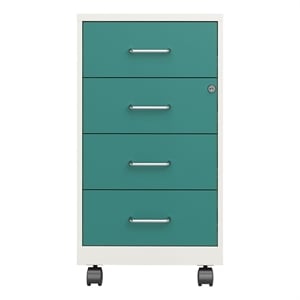 Bowery Hill 18&quotD 4 Drawer Metal Mobile Organizer -Locking -Pearl White/Teal