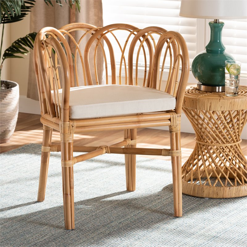 Bowery Hill Set of 2 Woven Rattan Round End Table and Rattan Chair in Natural