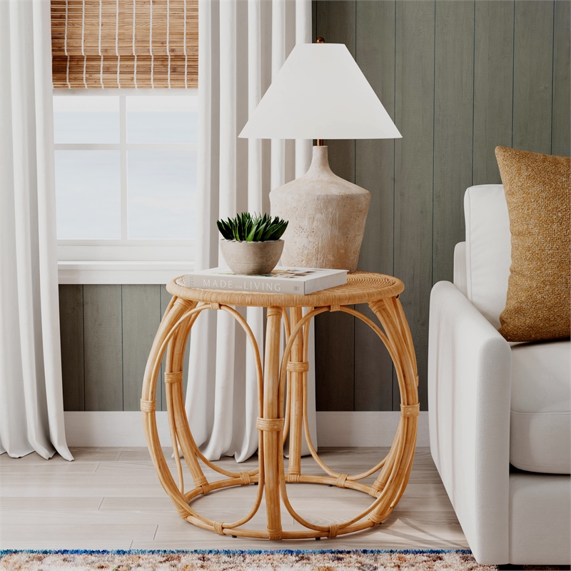 Bowery Hill Set of 2 Woven Rattan Round End Table and Rattan Chair in Natural