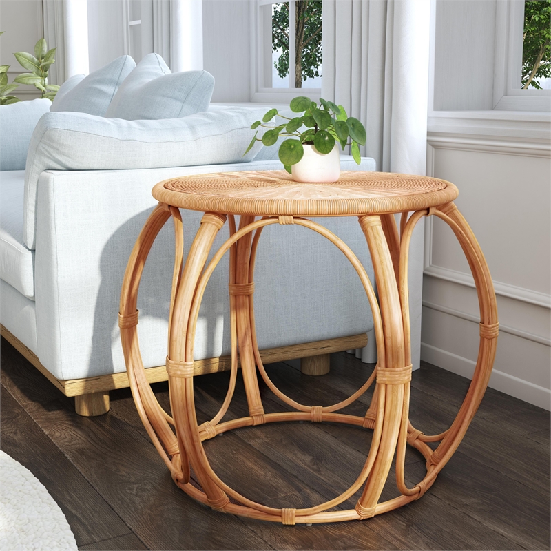 Bowery Hill Set of 2 Woven Rattan Round End Table and Rattan Chair in Natural