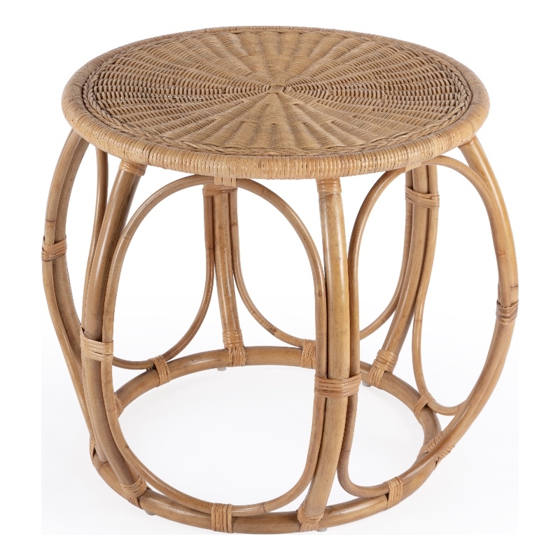 Bowery Hill Set of 2 Woven Rattan Round End Table and Rattan Chair in Natural