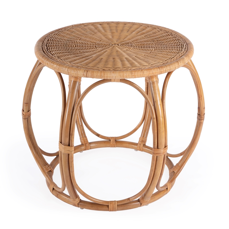 Bowery Hill Set of 2 Woven Rattan Round End Table and Rattan Chair in Natural