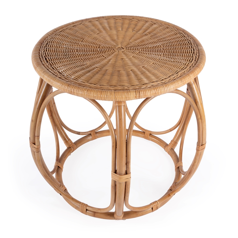 Bowery Hill Set of 2 Woven Rattan Round End Table and Rattan Chair in Natural