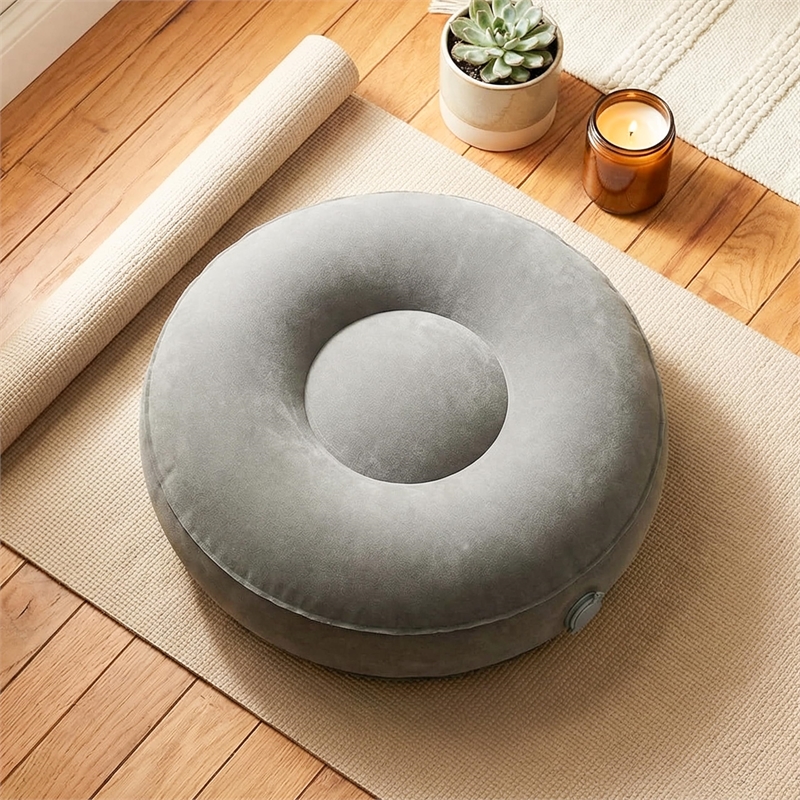 Bowery Hill Fabric Round Air Meditator Inflatable Travel Cushion in Light Gray