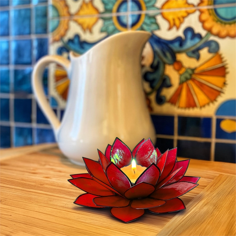 Bowery Hill Handcrafted Moonshadow Capiz Shell Tea Light Holder in Red
