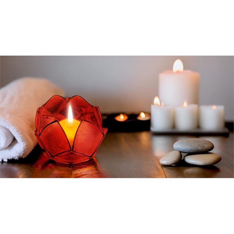 Bowery Hill Handcrafted Blooming Lotus Capiz Shell Tea Light Holder in Red