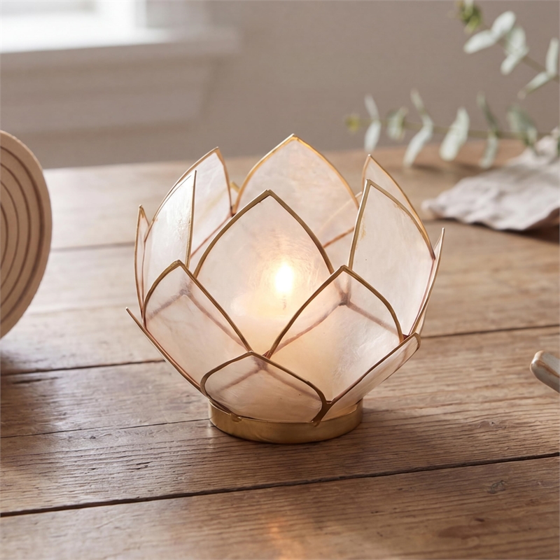 Bowery Hill Handcrafted Blooming Lotus Capiz Shell Tea Light Holder in Natural