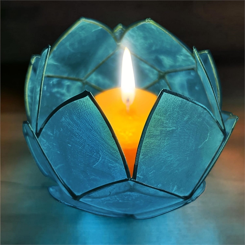Bowery Hill Handcrafted Blooming Lotus Capiz Shell Tea Light Holder in Blue