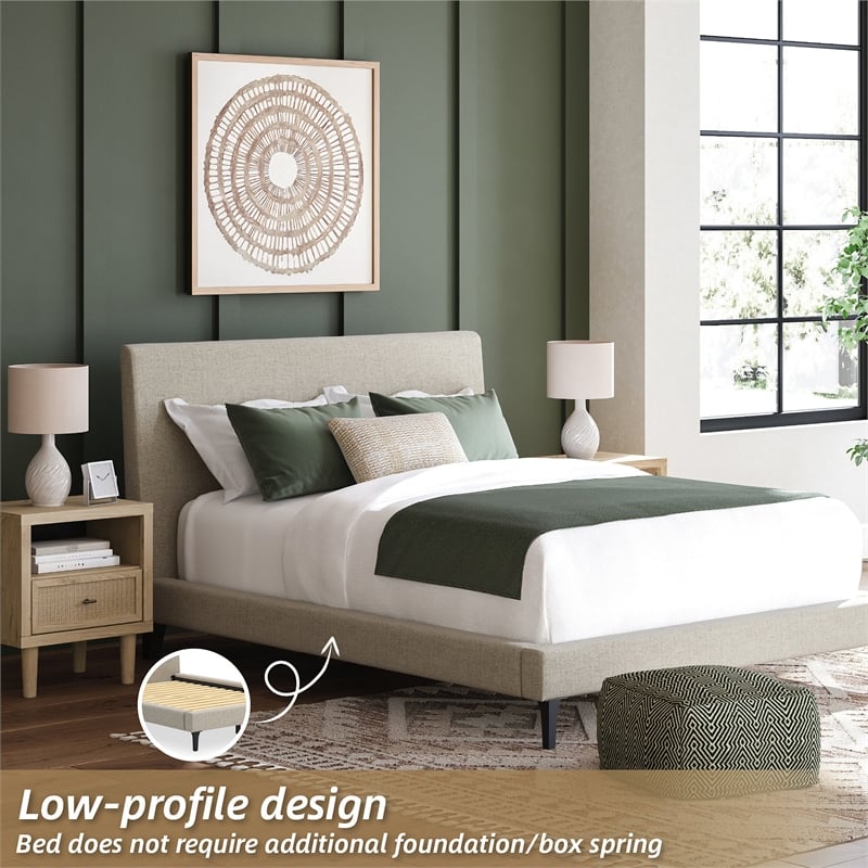 Bowery Hill Beige Queen Polyester Upholstered Bed with Roll Slats