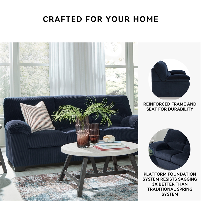 Bowery Hill Navy Living Room Set of Recliner, Loveseat, & Sofa in Polyester Upholstered