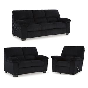 Bowery Hill Living Room Set of Recliner, Loveseat, & Sofa in Onyx Corduroy Upholstered