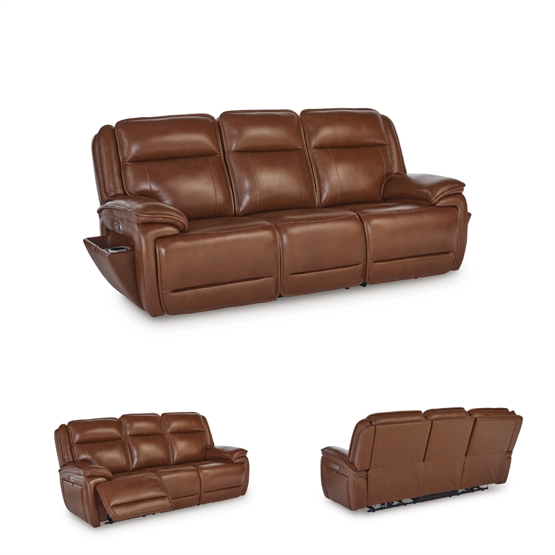 Bowery Hill Reclining Sofa Set with Power Features in Brown Leather Upholstered