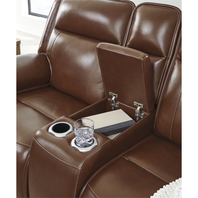 Bowery Hill Reclining Sofa Set with Power Features in Brown Leather Upholstered