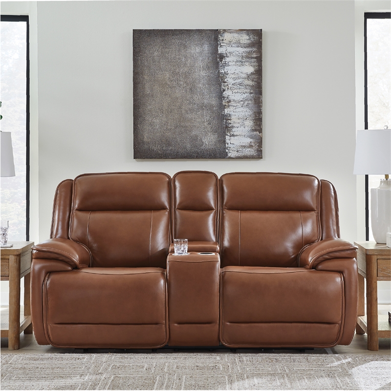 Bowery Hill Reclining Sofa Set with Power Features in Brown Leather Upholstered
