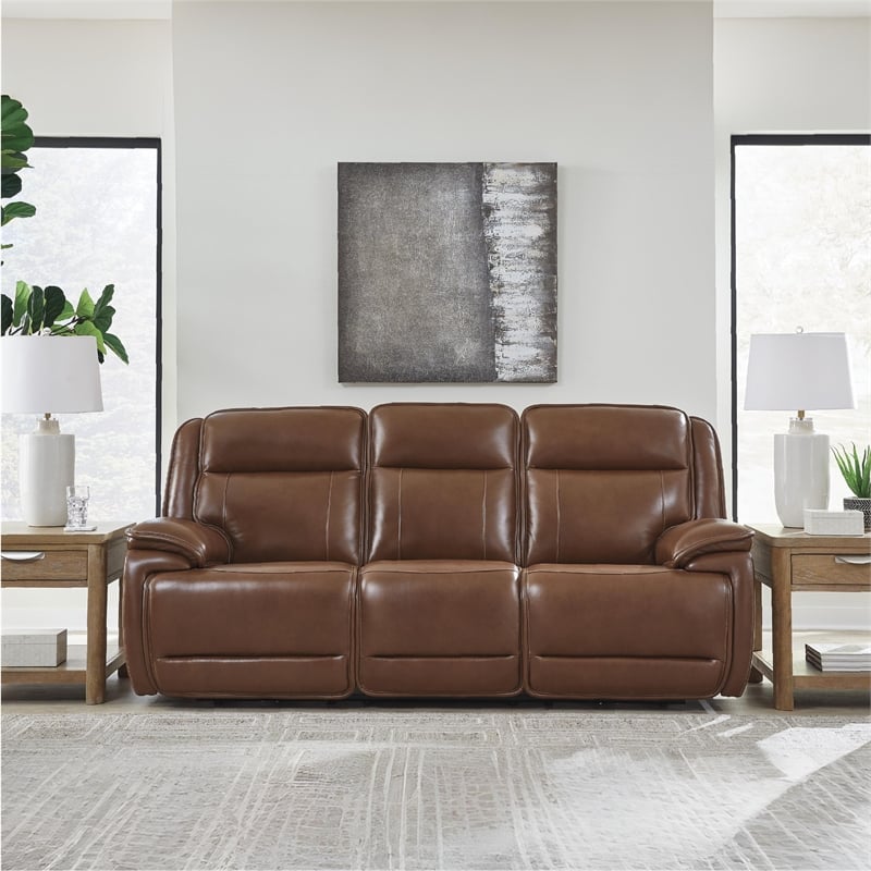 Bowery Hill Reclining Sofa Set with Power Features in Brown Leather Upholstered