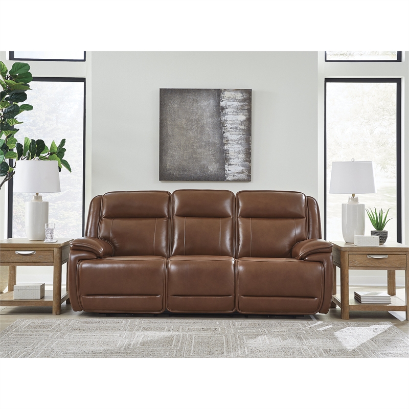 Bowery Hill Reclining Sofa Set with Power Features in Brown Leather Upholstered