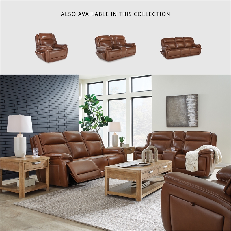 Bowery Hill Reclining Sofa Set with Power Features in Brown Leather Upholstered