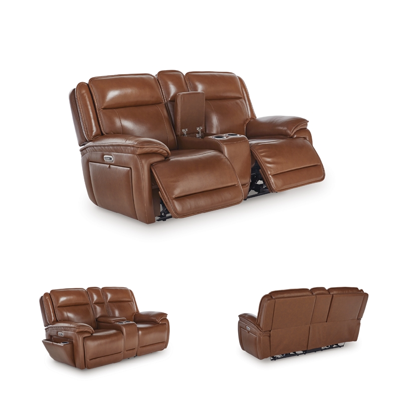 Bowery Hill Reclining Sofa Set with Power Features in Brown Leather Upholstered